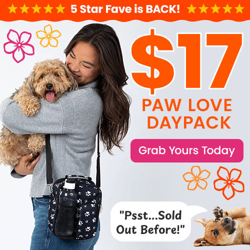 The Paw Love Daypack is back at The Animal Rescue Site and GreaterGood. Proceeds help support shelter pets. Featured is a black, crossbody daypack with a white paw print pattern.