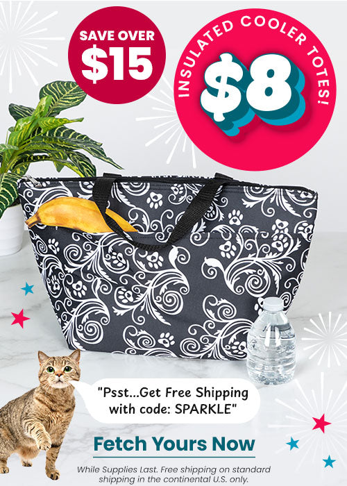 $8 Insulated Cooler Totes: Black floral and multi-color paw print bags. By The Animal Rescue Site and GreaterGood. Proceeds help support shelter pets and more.