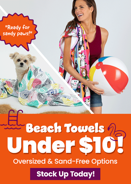 Shop Beach Towels Under $10 featuring oversized and sand-free options with fun pet patterns. Proceeds help support shelter pets and more through The Animal Rescue Site and GreaterGood.