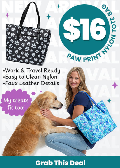 $16 Paw Print Nylon Tote Bag. Proceeds help support shelter pets and more through The Animal Rescue Site and GreaterGood.