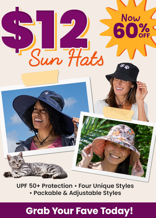 Shop $12 Sun Hats now 60% off featuring wide-brim and floral styles. Proceeds help support shelter pets and more through The Animal Rescue Site and GreaterGood.