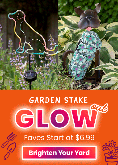 Shop the Garden Stake Glow Out event with faves starting at $6.99 featuring colorful cat and paw stake designs. Proceeds help support shelter pets and more through The Animal Rescue Site and GreaterGood.