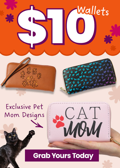 Shop $10 wallets featuring cute cat and dog designs like the pink "Cat Mom" zip wallet, debossed paw print wristlet, and colorful patterned card case. Proceeds help support shelter pets and more through The Animal Rescue Site and GreaterGood.