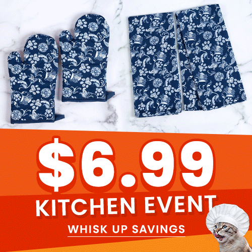 Shop the $6.99 Kitchen Event and "Whisk Up Savings" on kitchen essentials, featuring blue oven mitts and kitchen towels with cute paw and floral patterns. Proceeds help support shelter pets and more through The Animal Rescue Site and GreaterGood
