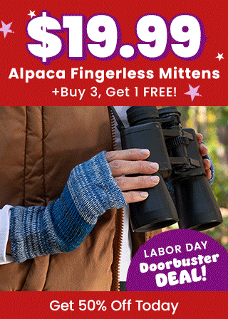 Shop the Labor Day Doorbuster Deal on Alpaca Fingerless Mittens for $19.99 and get 50% off today. Proceeds help support shelter pets and more through The Animal Rescue Site and GreaterGood.