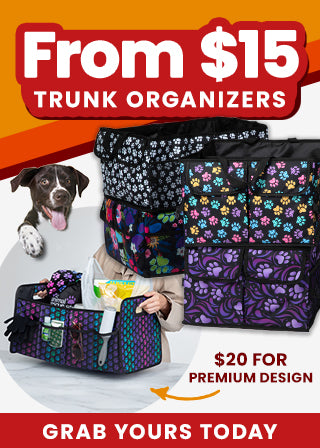 Shop trunk organizers starting from $15 (with premium designs available for $20) featuring colorful paw print patterns and handy storage pockets. Proceeds help support shelter pets and more through The Animal Rescue Site and GreaterGood.