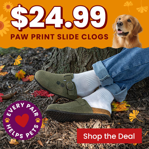 Shop the Paw Print Slide Clogs for $24.99 and step into cozy comfort while supporting shelter pets. Every pair helps pets through The Animal Rescue Site and GreaterGood.