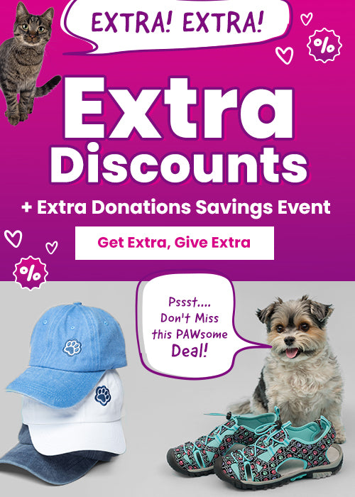 Extra 20% Off Paw Print Collection by The Animal Rescue Site and GreaterGood; proceeds help support shelter pets and more. Blue paw-print baseball caps and teal patterned sport sandals featured.