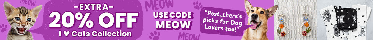 Extra 20% Off I Love Cats Collection promotion from The Animal Rescue Site and GreaterGood. Proceeds help support shelter pets and more. Cat-shaped floral earrings, colorful cat print coasters, whimsical feline-themed accessories.