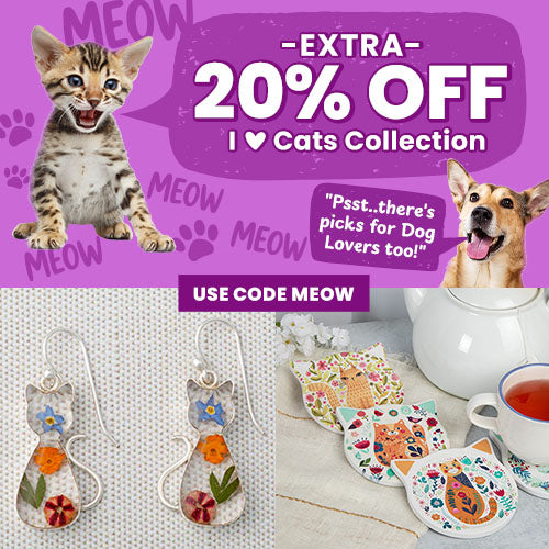 Extra 20% Off I Love Cats Collection promotion from The Animal Rescue Site and GreaterGood. Proceeds help support shelter pets and more. Cat-shaped floral earrings, colorful cat print coasters, whimsical feline-themed accessories.