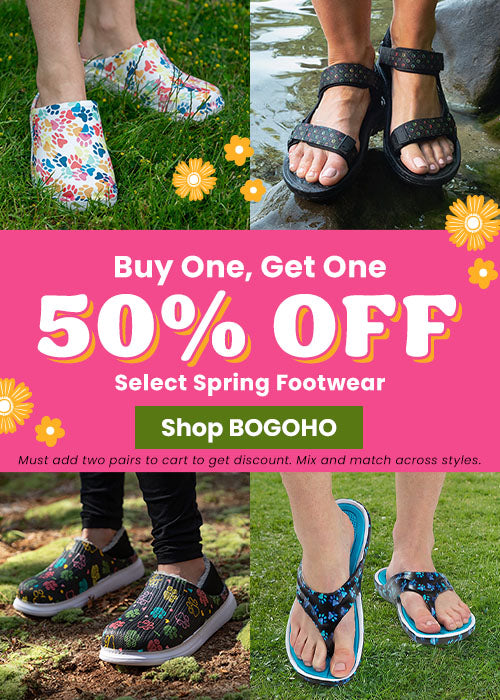 Buy One Get One 50% Off Select Spring Footwear promotion from The Animal Rescue Site and GreaterGood. Proceeds help support shelter pets and more. Floral clogs, blue paw print flip flops, casual spring sandals.