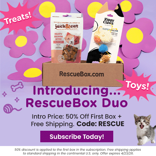 RescueBox Duo subscription promotion from The Animal Rescue Site and GreaterGood. Proceeds help support shelter pets and more. Cat treats bag, plush teaser toy, curated pet box essentials.