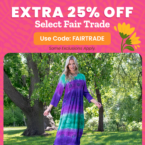 Extra 25% Off Select Fair Trade promotion from The Animal Rescue Site and GreaterGood. Proceeds help support shelter pets and more. Purple tie-dye maxi dress, colorful boho apparel, lightweight spring fashion.