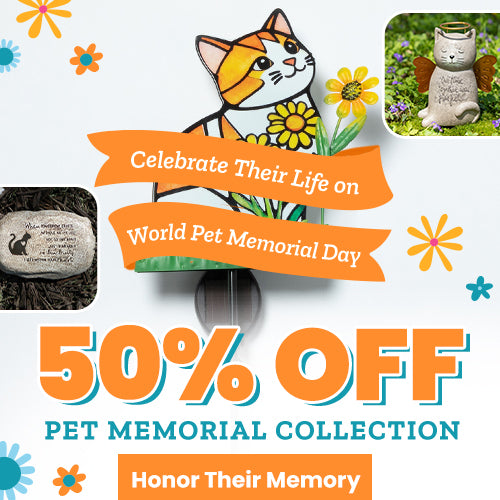 50% Off Pet Memorial Collection promotion from The Animal Rescue Site and GreaterGood. Proceeds help support shelter pets and more. Stained-glass cat garden stake, angel cat memorial statue, engraved remembrance stone.