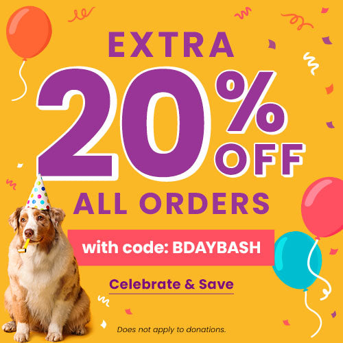 Alt Text:
Extra 20% Off All Orders (code BDAYBASH): Dog wearing a polka-dot party hat with balloons. By The Animal Rescue Site and GreaterGood. Proceeds help support shelter pets and more.