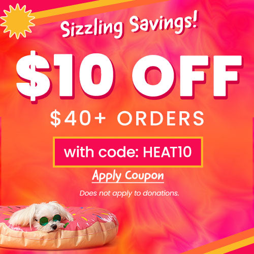 $10 Off $40+ Orders (code HEAT10): White dog in green sunglasses on pink donut float. By The Animal Rescue Site and GreaterGood. Proceeds help support shelter pets and more.