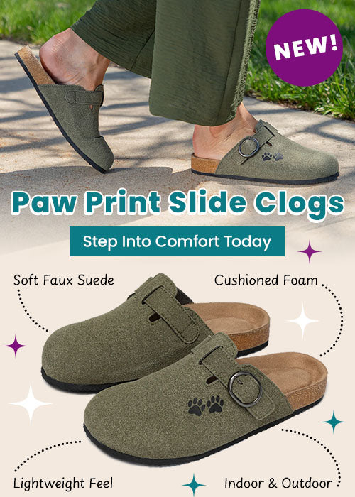 Alt Text:
Paw Print Slide Clogs: Olive green slip-on clogs with buckle and black paw prints. By The Animal Rescue Site and GreaterGood. Proceeds help support shelter pets and more.