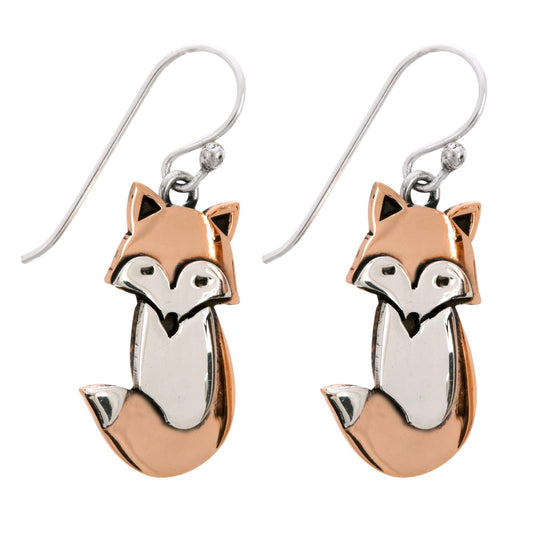 Pair of fox-shaped earrings with copper and silver finish on a white background.