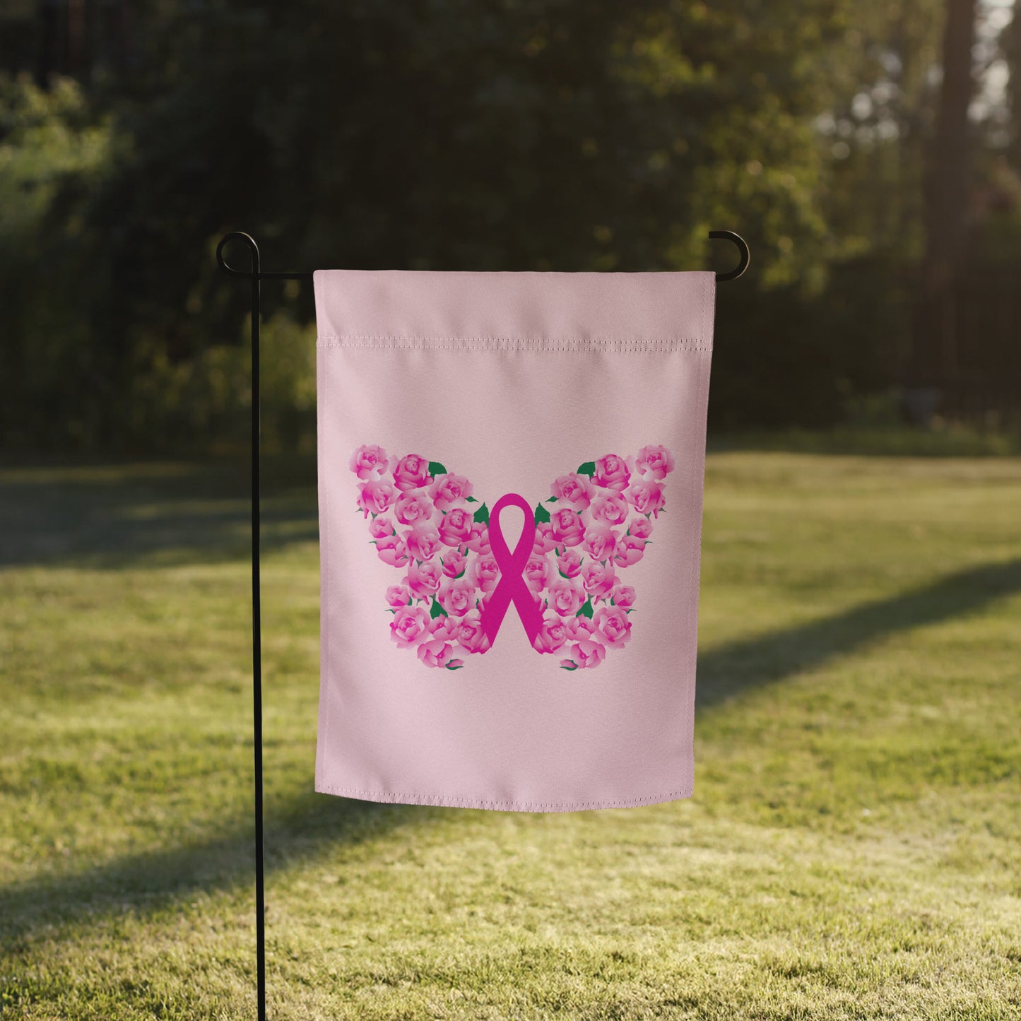 Pink Ribbon Floral Butterfly Garden Flag