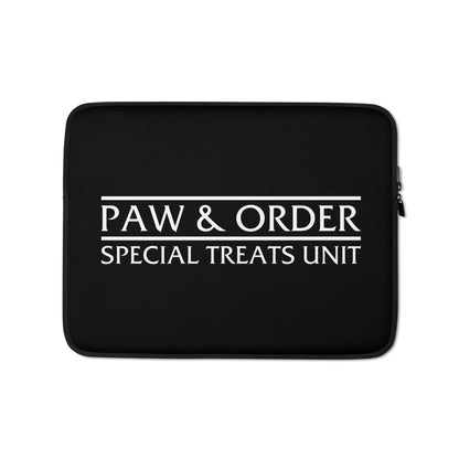 Front view of a black laptop case that reads Paw & Order: Special Treats Unit