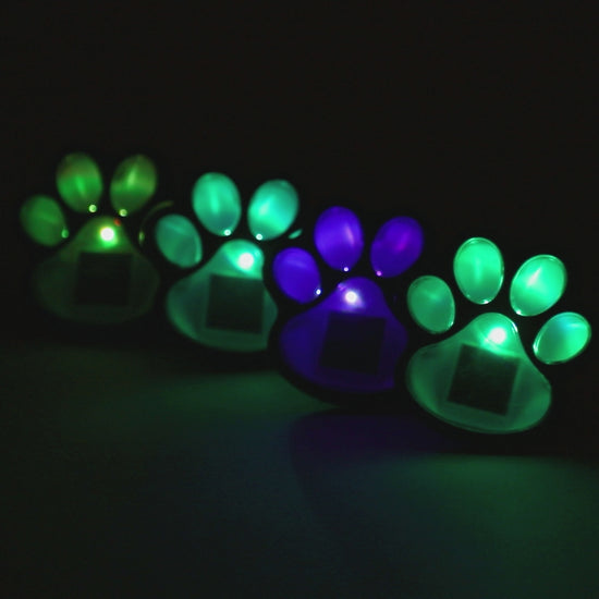 Set of glowing paw-shaped lights in multiple colors that slowly change color, on a dark background.