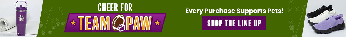 Cheer for Team Paw donation campaign from The Animal Rescue Site and GreaterGood, featuring paw-print purple water bottle and slip-on shoes supporting animal-focused causes.