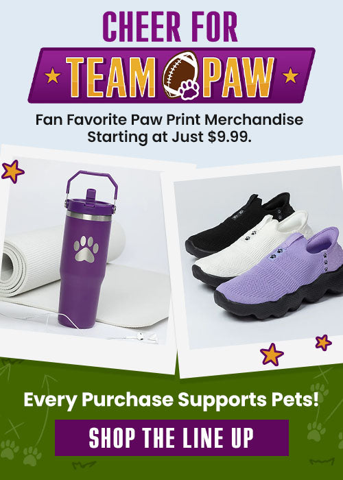 Cheer for Team Paw donation campaign from The Animal Rescue Site and GreaterGood, featuring paw-print purple water bottle and slip-on shoes supporting animal-focused causes.