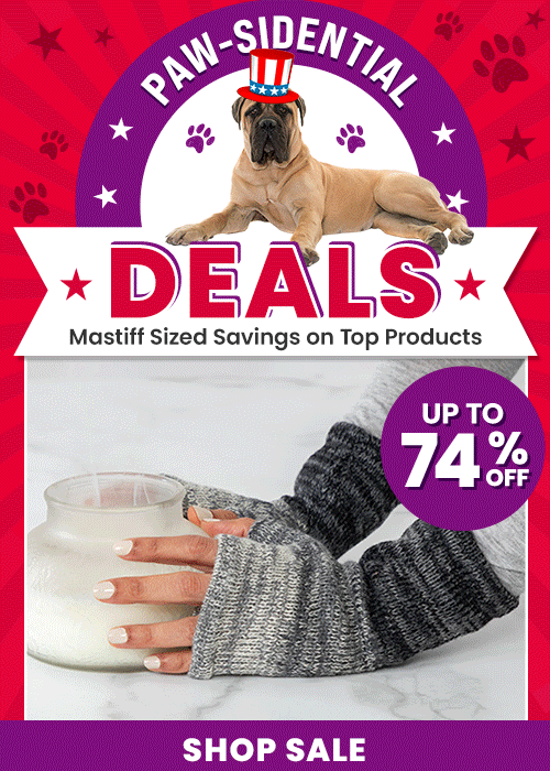 Paw-sidential Deals from The Animal Rescue Site and GreaterGood, featuring cozy gray fingerless gloves, lavender slip-on walking shoes, and limited-time savings supporting animal welfare.