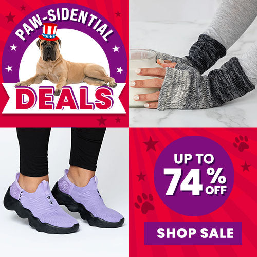 Paw-sidential Deals from The Animal Rescue Site and GreaterGood, featuring cozy gray fingerless gloves, lavender slip-on walking shoes, and limited-time savings supporting animal welfare.