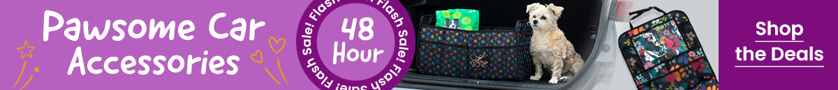 Pawsome Car Accessories Flash Sale by The Animal Rescue Site and GreaterGood; proceeds help support shelter pets and more. Paw-print trunk organizer, patterned seat protector, compact travel storage for pets.