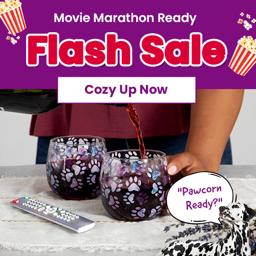 Movie Marathon Ready Flash Sale from The Animal Rescue Site and GreaterGood; proceeds help support shelter pets and more, featuring purple paw print stemless wine glasses and silver TV remote.