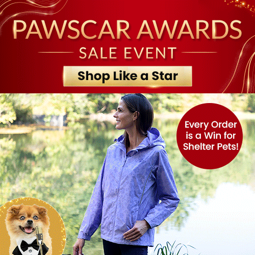 Pawscar Awards Sale Event promotion from The Animal Rescue Site and GreaterGood. Proceeds help support shelter pets and more. Purple lightweight jacket, outdoor casual apparel, and pet-lover accessories featured.