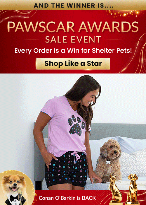 Pawscar Awards Sale Event promotion from The Animal Rescue Site and GreaterGood. Proceeds help support shelter pets and more. Purple lightweight jacket, outdoor casual apparel, and pet-lover accessories featured.