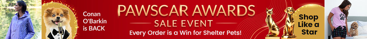 Pawscar Awards Sale Event promotion from The Animal Rescue Site and GreaterGood. Proceeds help support shelter pets and more. Purple lightweight jacket, outdoor casual apparel, and pet-lover accessories featured.