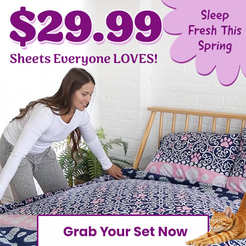 Sheets Everyone Loves $29.99 promotion from The Animal Rescue Site and GreaterGood. Proceeds help support shelter pets and more. Purple floral sheet set, patterned bedding, soft cozy bedroom linens.