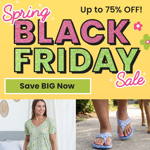 Spring Black Friday Sale promotion from The Animal Rescue Site and GreaterGood. Proceeds help support shelter pets and more. Floral print top, blue patterned flip flops, casual spring apparel styles.