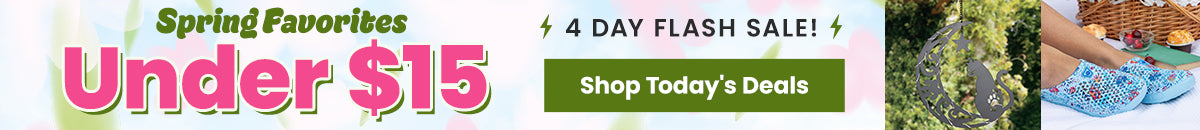 Spring Favorites Under $15 Flash Sale from The Animal Rescue Site and GreaterGood. Proceeds help support shelter pets and more. Metal cat moon wall art, blue floral garden clogs, casual spring accessories.