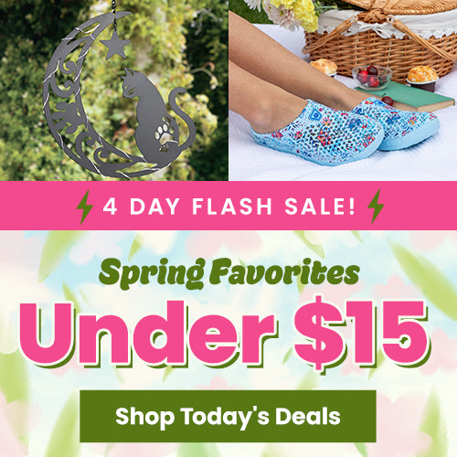 Spring Favorites Under $15 Flash Sale from The Animal Rescue Site and GreaterGood. Proceeds help support shelter pets and more. Metal cat moon wall art, blue floral garden clogs, casual spring accessories.