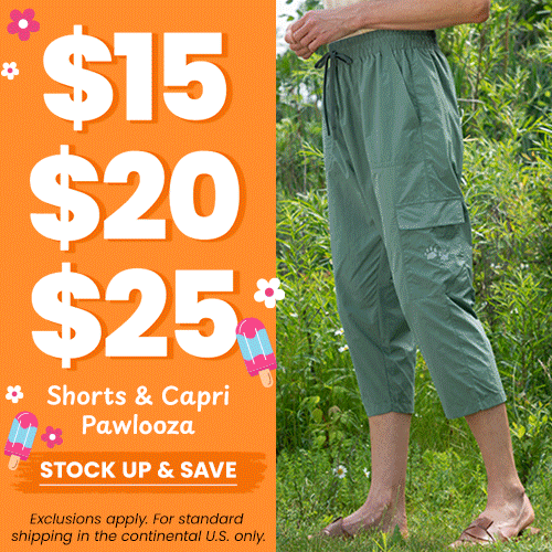 Shorts & Capri Pawlooza promotion from The Animal Rescue Site and GreaterGood. Proceeds help support shelter pets and more. Teal cargo shorts, casual tank top outfit, lightweight summer apparel styles.