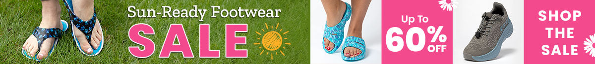 Sun-Ready Footwear Sale promotion from The Animal Rescue Site and GreaterGood. Proceeds help support shelter pets and more. Black paw print flip flops, blue trim sandals, casual summer footwear.