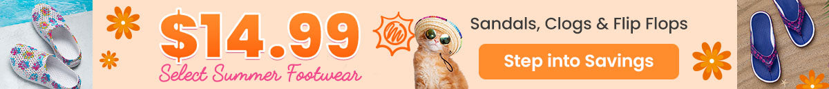 Select Summer Footwear $14.99 promotion from The Animal Rescue Site and GreaterGood. Proceeds help support shelter pets and more. White floral clogs, blue patterned flip-flops, lightweight beach-ready summer sandals.