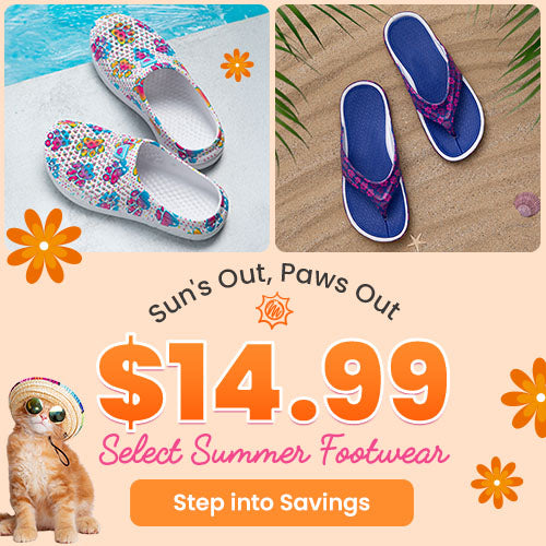 Select Summer Footwear $14.99 promotion from The Animal Rescue Site and GreaterGood. Proceeds help support shelter pets and more. White floral clogs, blue patterned flip-flops, lightweight beach-ready summer sandals.