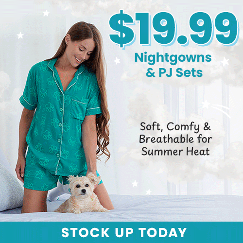 $19.99 Nightgowns & PJ Sets promotion from The Animal Rescue Site and GreaterGood. Proceeds help support shelter pets and more. Teal floral pajama set, lightweight nightgown styles, soft breathable sleepwear.