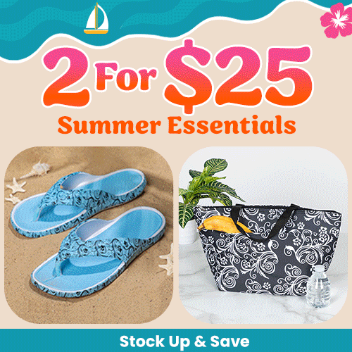 2 for $25 Summer Essentials promotion from The Animal Rescue Site and GreaterGood. Proceeds help support shelter pets and more. White butterfly-print slide sandals, colorful lightweight cover-up, pink summer shorts.