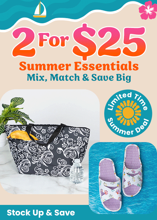 2 for $25 Summer Essentials promotion from The Animal Rescue Site and GreaterGood. Proceeds help support shelter pets and more. White butterfly-print slide sandals, colorful lightweight cover-up, pink summer shorts.