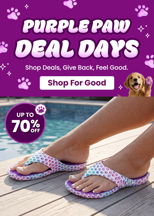 Purple Paw Deal Days promotion from The Animal Rescue Site and GreaterGood. Proceeds help support shelter pets and more. Golden retriever graphic, purple paw-themed design, pet-loving savings event with discounts up to 70% off.