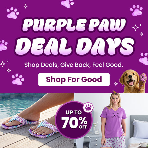 Purple Paw Deal Days promotion from The Animal Rescue Site and GreaterGood. Proceeds help support shelter pets and more. Golden retriever graphic, purple paw-themed design, pet-loving savings event with discounts up to 70% off.