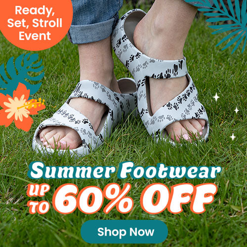 Ready, Set, Stroll Event by The Animal Rescue Site and GreaterGood. Proceeds help support shelter pets. Featured are light gray, casual sandals with a black-and-gray paw print pattern.