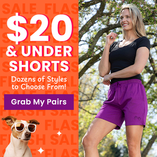 $20 and Under Shorts Flash Sale: Woman in purple athletic shorts and black top. By The Animal Rescue Site and GreaterGood. Proceeds help support shelter pets and more.