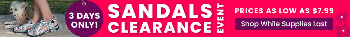 Shop the Sandals Clearance Event with 3 days only prices as low as $7.99 on paw-print walking sandals. Proceeds help support shelter pets and more through The Animal Rescue Site and GreaterGood.